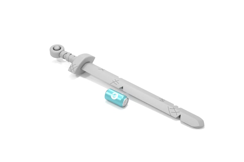May include: A white plastic toy sword with a blue can next to it. The sword has a round handle and a pointed tip. The can has a white label with a blue logo.