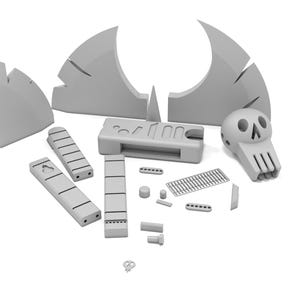 Puede incluir: Un kit de modelo impreso en 3D de un cr&aacute;neo con una gran estructura en forma de ala segmentada. El kit incluye una variedad de piezas, incluyendo un cr&aacute;neo, alas y una peque&ntilde;a caja rectangular.