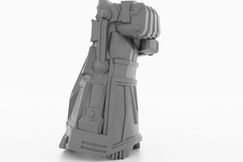 May include: A gray 3D printed model of a robotic hand with a closed fist. The hand is detailed with intricate mechanical parts and a textured surface.