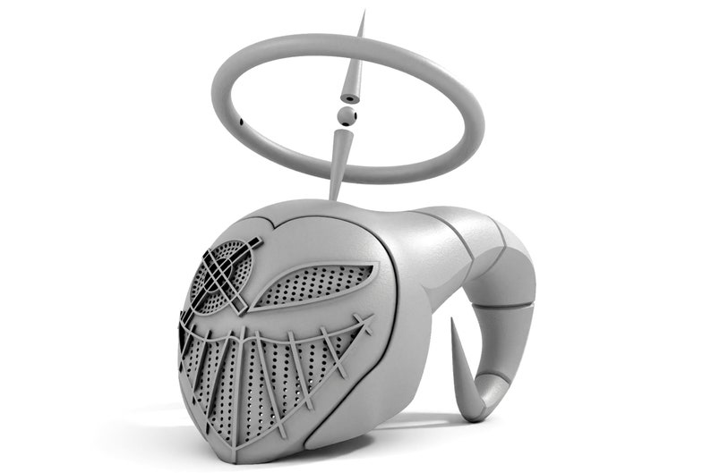 Puede incluir: Una m&aacute;scara gris impresa en 3D con un halo y un cuerno. La m&aacute;scara tiene un dise&ntilde;o geom&eacute;trico con un patr&oacute;n de cuadr&iacute;cula y una sonrisa.