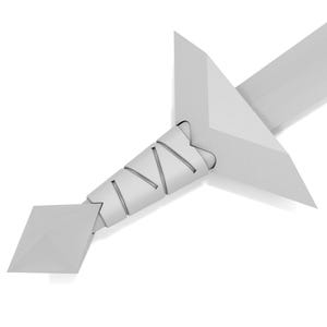 May include: A white, triangular-shaped sword with a wrapped handle. The sword is made of a smooth, white material and has a sharp point.