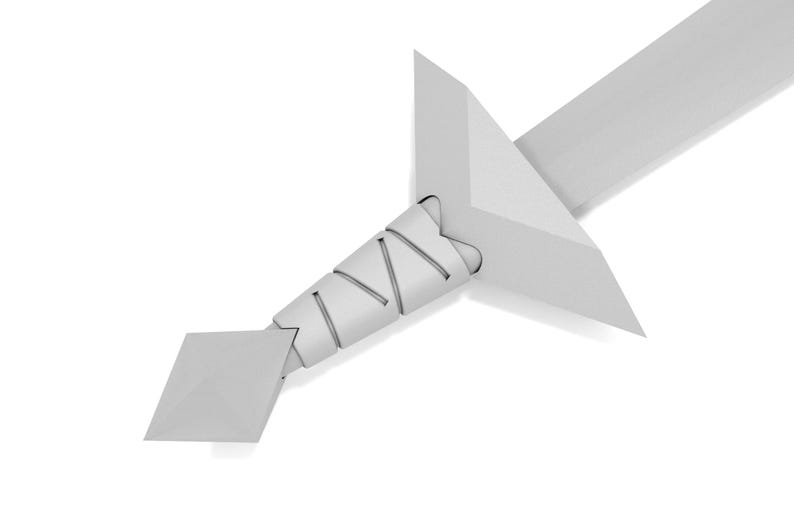 May include: A white, triangular-shaped sword with a wrapped handle. The sword is made of a smooth, white material and has a sharp point.