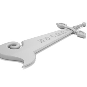 May include: A white plastic toy sword with a curved handle and a detailed blade. The blade has a pattern of lines and symbols.