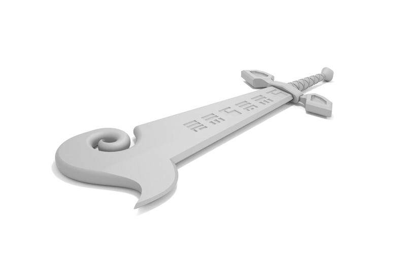 May include: A white plastic toy sword with a curved handle and a detailed blade. The blade has a pattern of lines and symbols.