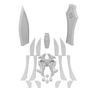 May include: A collection of light gray, 3D-printed components, likely for a larger structure or model. The pieces include curved panels, decorative elements, and a central cylindrical piece with spiral detailing. The design appears to be stylized.