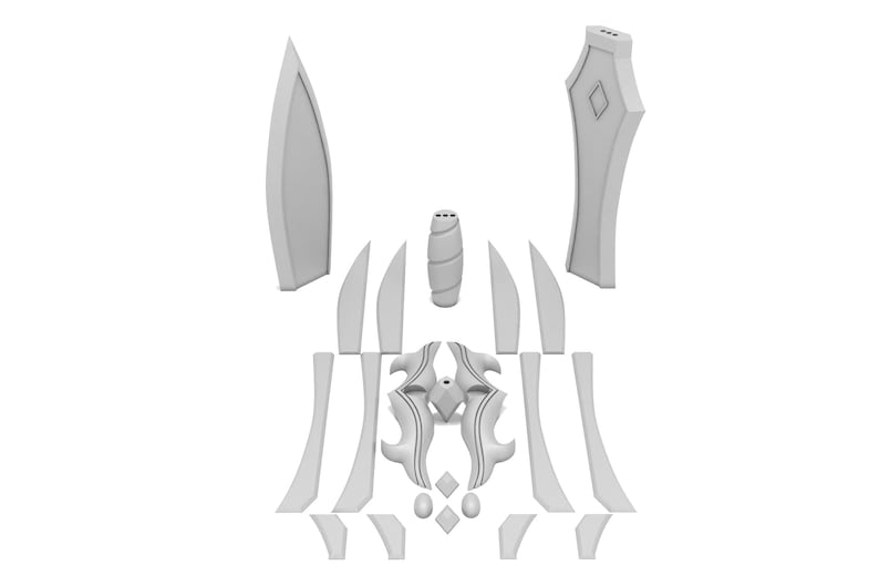 May include: A collection of light gray, 3D-printed components, likely for a larger structure or model. The pieces include curved panels, decorative elements, and a central cylindrical piece with spiral detailing. The design appears to be stylized.