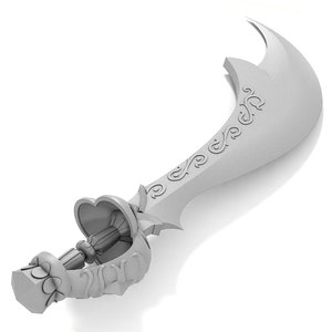 May include: A silver-colored, ornate, curved sword with a decorative handle. The sword has a sharp point and a curved blade with intricate designs.