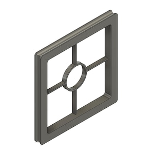 May include: A black square-shaped frame with a smaller circular opening in the center. The frame is divided into four equal sections by horizontal and vertical lines.