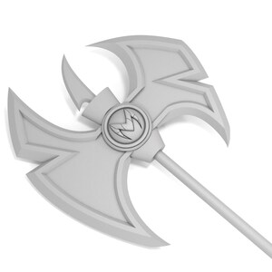 K&ouml;nnte beinhalten: Eine hellgraue Fantasy-Axt mit einem doppelklingigen Kopf und einem langen Stiel. Der Axtkopf weist ein kreisf&ouml;rmiges Emblem mit einem stilisierten Design auf. Die Waffe ist mit scharfen Kanten und einem detaillierten, dreidimensionalen Aussehen gestaltet.