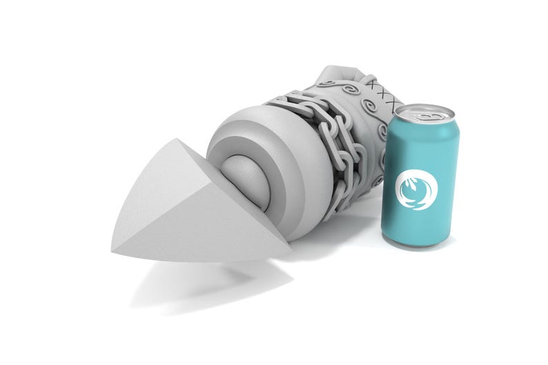 May include: A white, 3D printed rocket-shaped object with a chain and a textured surface. The object is lying on its side, with the tip of the rocket pointing to the left. A blue can with a white logo is standing upright to the right of the object.