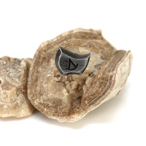 May include: A small, black metal charm with a symbol on it, resting on a piece of light brown, layered rock.