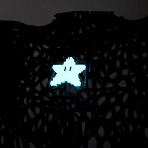 May include: A white star-shaped object with a face on it, glowing against a black background.