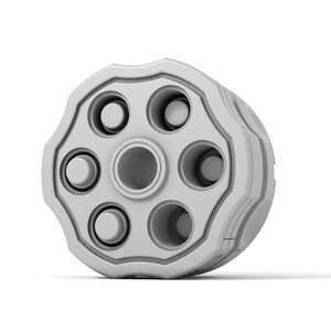 May include: A silver revolver cylinder with six empty chambers.