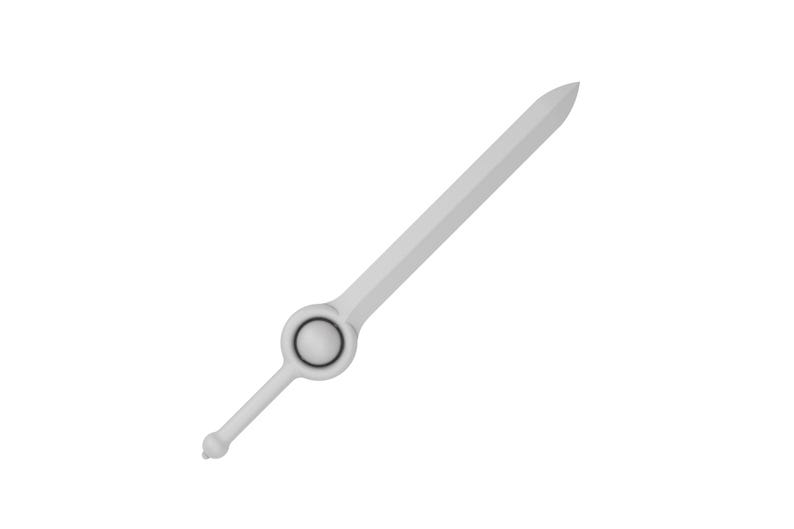 May include: A white sword with a round, silver pommel.