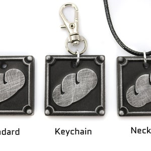 May include: Three silver-colored metal pendants with a black background and a silver-colored cloud design. The pendants are shown in three different styles: standard, keychain, and necklace.