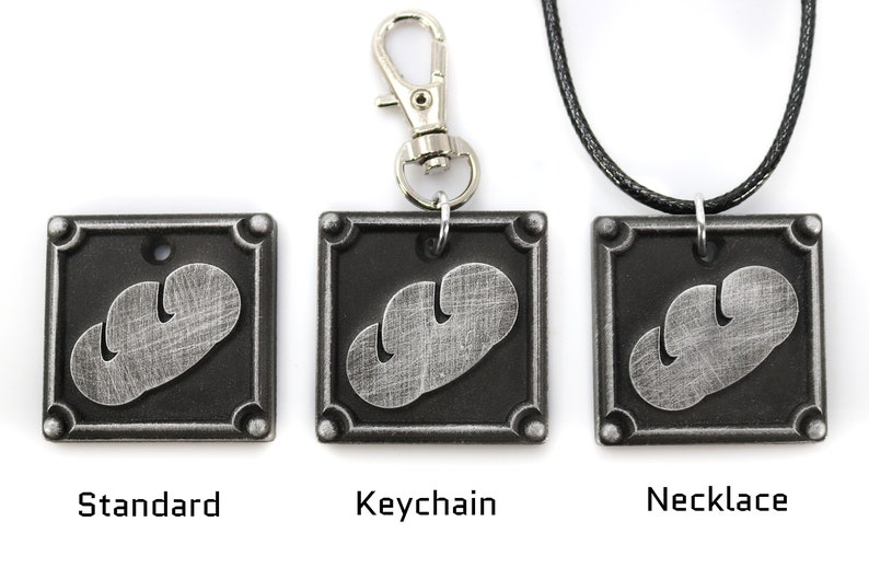 May include: Three silver-colored metal pendants with a black background and a silver-colored cloud design. The pendants are shown in three different styles: standard, keychain, and necklace.
