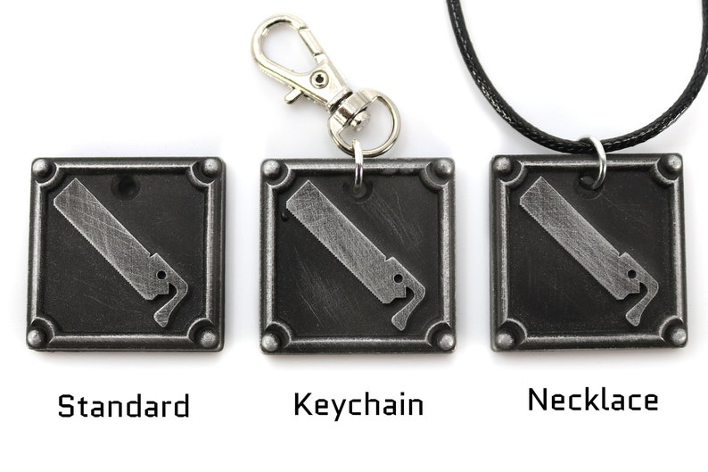 May include: Three metal keychains with a stylized image of a saw blade. The keychains are shown in three different styles: standard, keychain, and necklace.