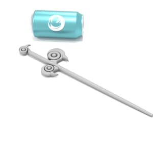 May include: A silver-colored, decorative, ornate,  sword-like object with a long, thin handle. The object has a circular design at the top of the handle and two smaller circular designs near the tip.
