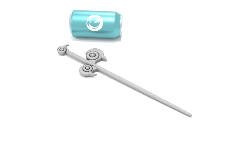 May include: A silver-colored, decorative, ornate,  sword-like object with a long, thin handle. The object has a circular design at the top of the handle and two smaller circular designs near the tip.