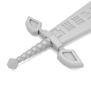 May include: A white plastic toy sword with a detailed handle and a blade with a pattern of lines.