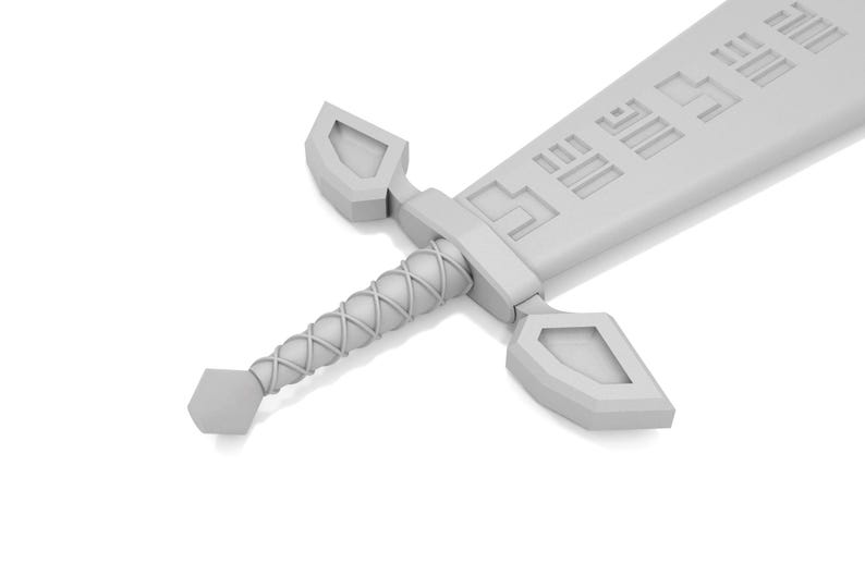 May include: A white plastic toy sword with a detailed handle and a blade with a pattern of lines.