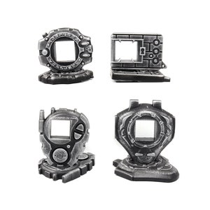 May include: Four silver-colored, 3D printed, Digimon-style digital pet devices. Each device has a different design and is on a base.