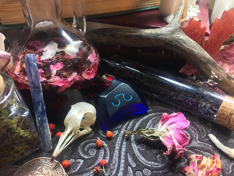 May include: A blue glass bottle with a cork stopper filled with dried herbs and flowers. A clear glass bottle with a blue crystal and pink flowers inside. A white skull with a long beak. A blue glass pendant with a symbol on it. A wooden antler and a book with a red cover.