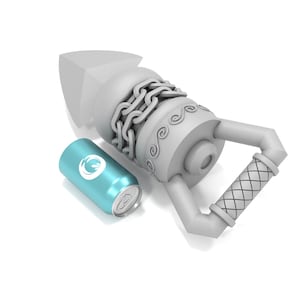 May include: A white, detailed, 3D printed model of a weapon with a chain and a handle. A blue can with a white logo is next to the weapon.