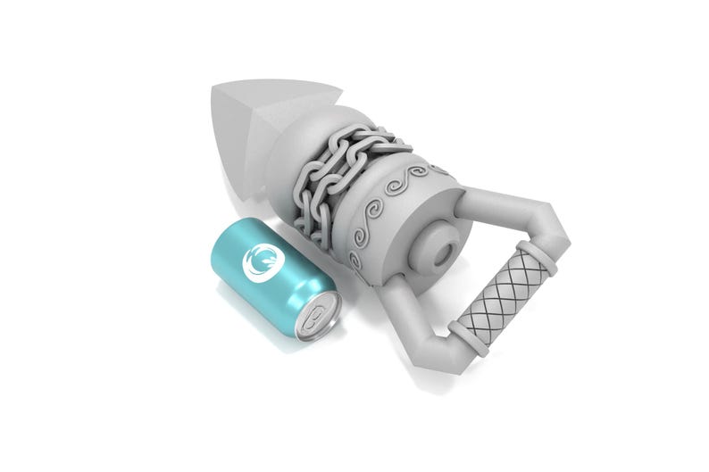 May include: A white, detailed, 3D printed model of a weapon with a chain and a handle. A blue can with a white logo is next to the weapon.