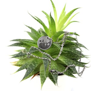 May include: A silver necklace with a round pendant featuring a yin yang symbol design. The necklace is displayed on a green succulent plant.