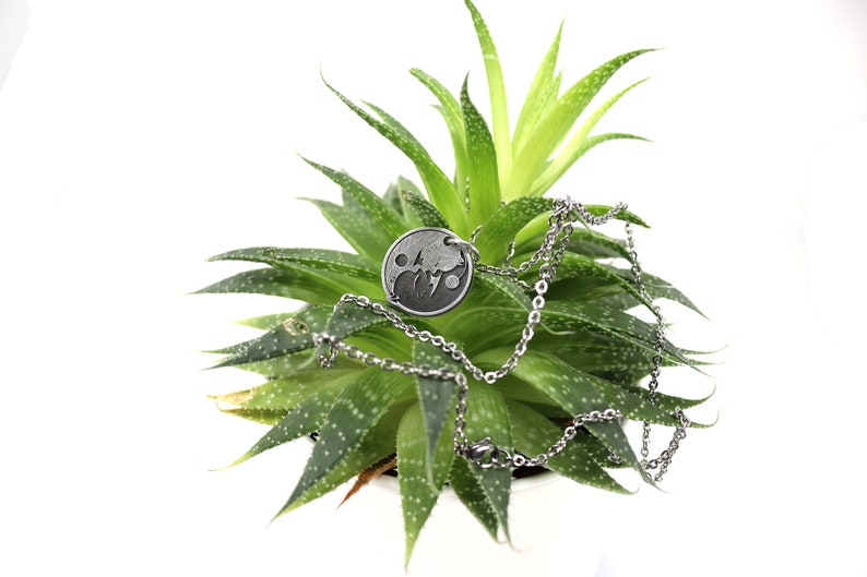 May include: A silver necklace with a round pendant featuring a yin yang symbol design. The necklace is displayed on a green succulent plant.