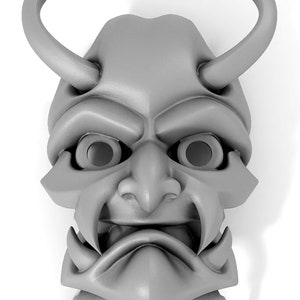 May include: A gray, detailed, 3D printed mask with horns, a large nose, and a wide mouth. The mask has two large eye holes.