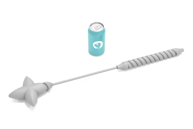 May include: A white cleaning tool with a star-shaped head and a long, twisted handle. A light blue can with a white logo is also in the image.
