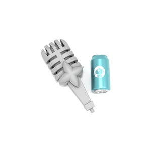 May include: A white microphone with a star-shaped design and a blue can with a white logo.