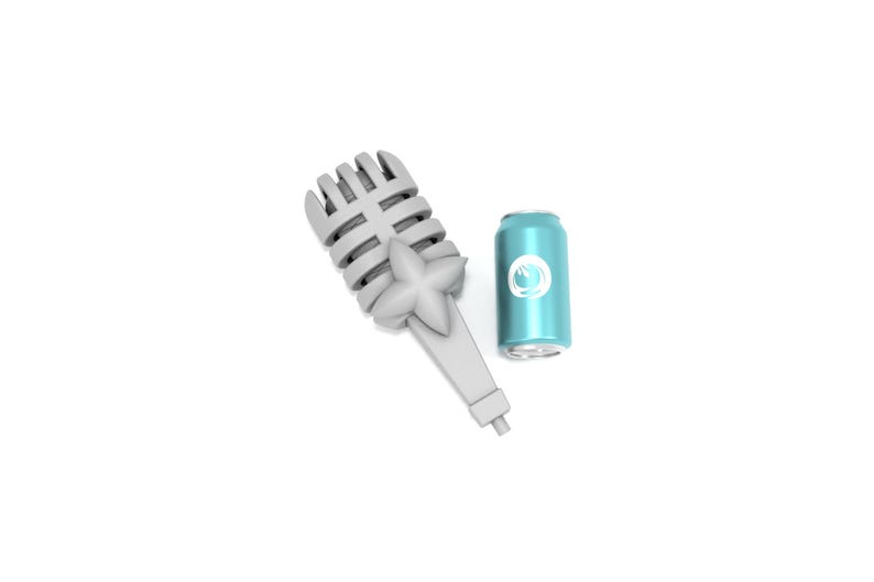 May include: A white microphone with a star-shaped design and a blue can with a white logo.