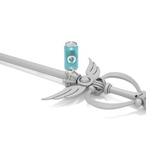 May include: A white wand with a silver crown and wings, and a blue and silver can on top.