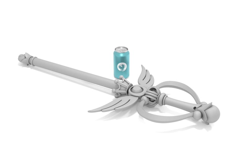 May include: A white wand with a silver crown and wings, and a blue and silver can on top.