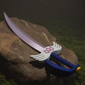 Peut inclure: Une &eacute;p&eacute;e blanche et bleue avec des accents roses et une poign&eacute;e bleue. L'&eacute;p&eacute;e a des ailes sur le c&ocirc;t&eacute; et un motif de quatre diamants roses sur la lame. L'&eacute;p&eacute;e est pos&eacute;e sur un rocher brun.