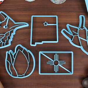 New Mexico Cookie Cutters - New Mexico State Outline, New Mexico State Flag, Chili Peppers, Greater Roadrunner, Yucca Flower- NM Gift Idea