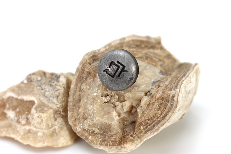 May include: A small, round, dark gray metal object with a geometric design is displayed on a light brown, textured rock formation. The object is centered on the rock, with a white background.