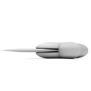 May include: A silver-colored knife with a curved blade and a handle that is shaped like a rounded rectangle.