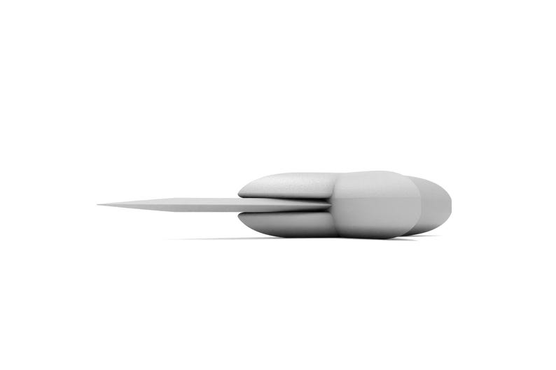 May include: A silver-colored knife with a curved blade and a handle that is shaped like a rounded rectangle.