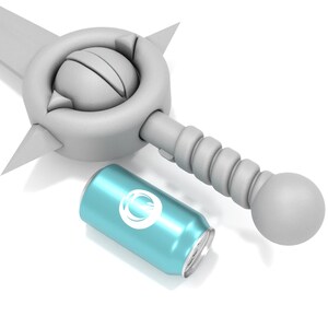 May include: A white plastic sword with a round handle and a blue can with a white logo. The sword is lying on its side and the can is lying on its side next to it.