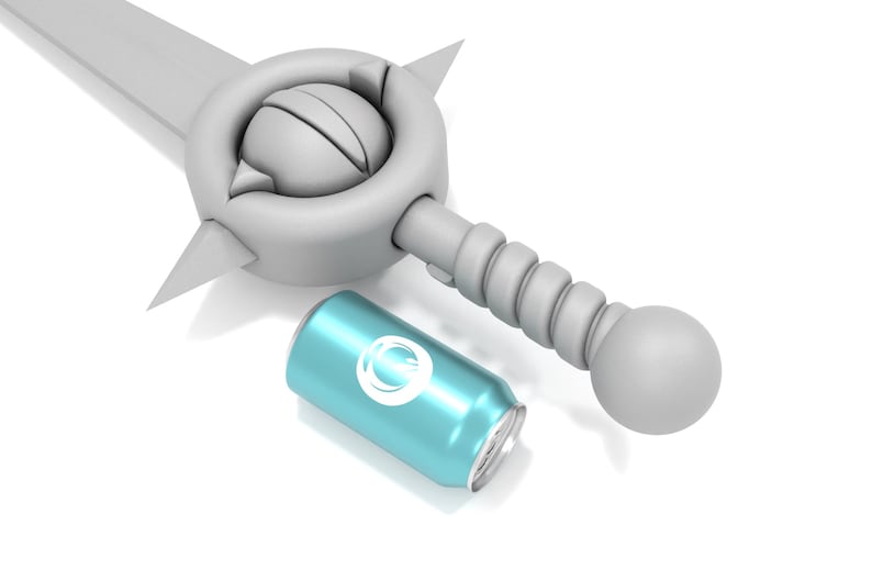 May include: A white plastic sword with a round handle and a blue can with a white logo. The sword is lying on its side and the can is lying on its side next to it.