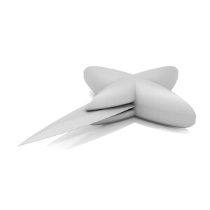 May include: A white, four-pointed star-shaped paperweight with a sharp point.