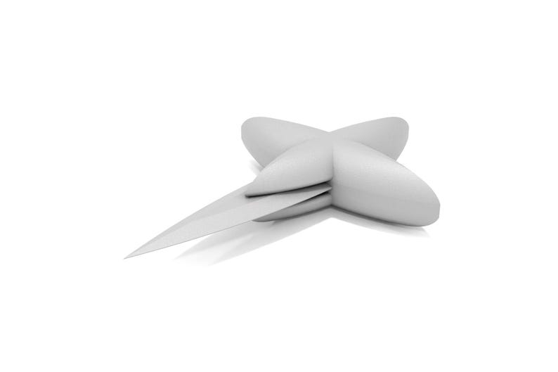May include: A white, four-pointed star-shaped paperweight with a sharp point.