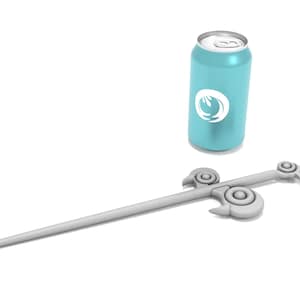 May include: A silver-colored sword with a decorative handle and a blue can with a white logo. The can has a white circle with a stylized flame design inside.