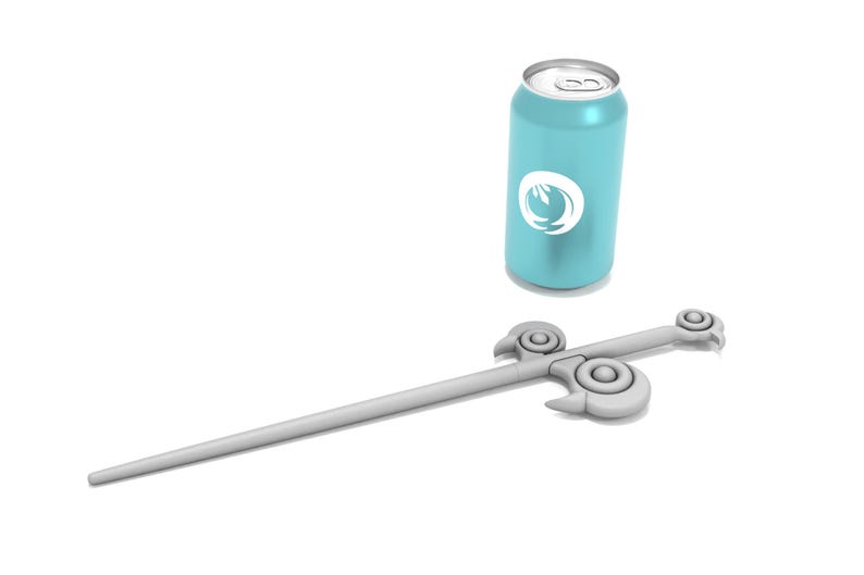 May include: A silver-colored sword with a decorative handle and a blue can with a white logo. The can has a white circle with a stylized flame design inside.