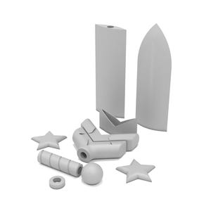 May include: An assortment of gray, geometric shapes, including two star shapes, a cylinder, a sphere, a ring, and several angular forms. The objects are arranged on a white background, suggesting a design or architectural theme.