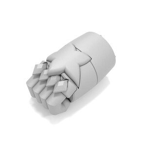 May include: A white 3D printed model of a robot hand with a star-shaped design on the back of the hand.